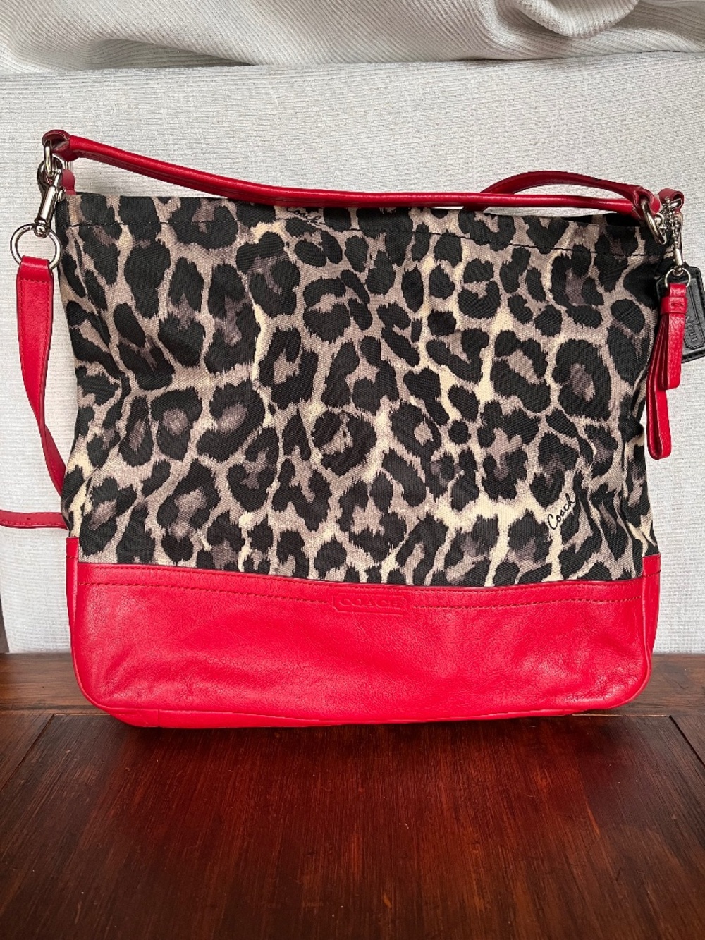 Coach Parker Ocelot Leopard Print Hobo Bag Red Leather F23266
